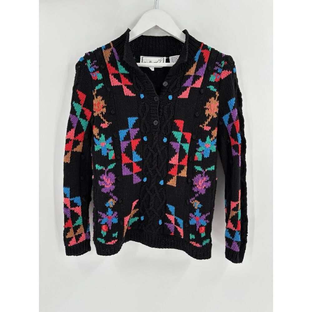 Needleworks Vintage Sweater Womens Large Black Knit 1988 Floral Geometric Button